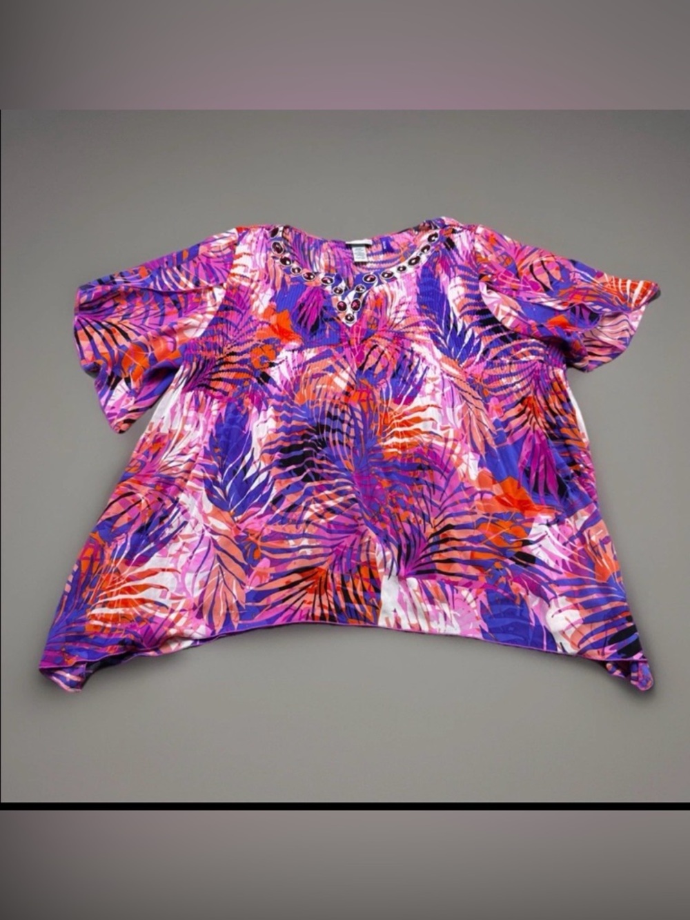 Catherines Tropical Leaf Top Size 2XWP Blouse Tunic Top Floral Jeweled Boho